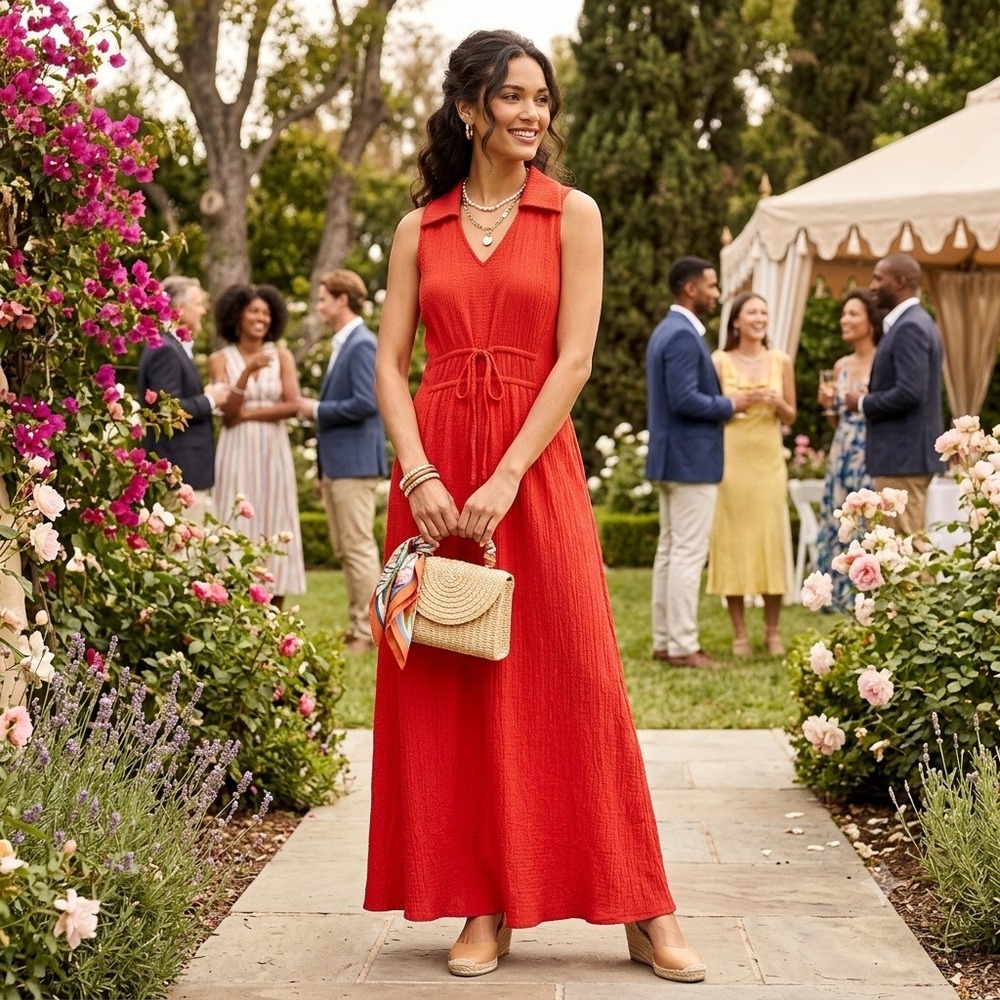 Nina Leonard Summer Garden Party Red Crinkle Textured Maxi Dress Pockets S NWT